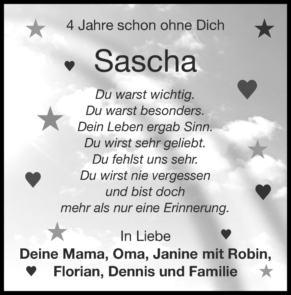  Traueranzeige für Sascha Müller  vom 16.03.2025 aus Zeitung am Sonntag