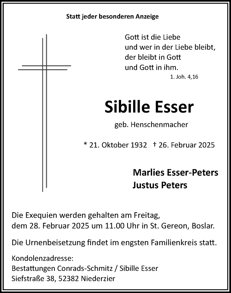  Traueranzeige für Sibille Esser vom 23.03.2025 aus Zeitung am Sonntag