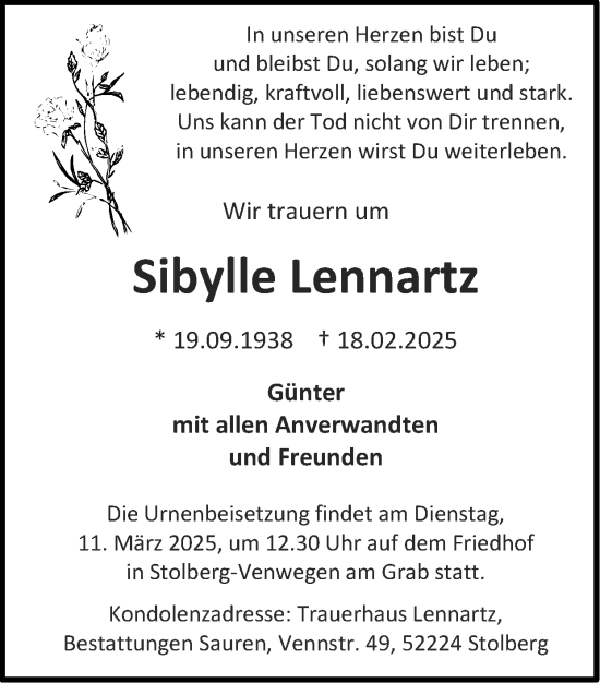 Traueranzeige von Sibylle Lennartz von Zeitung am Sonntag