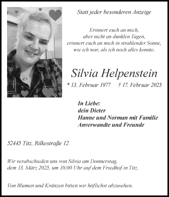 Traueranzeige von Silvia Helpenstein von Zeitung am Sonntag