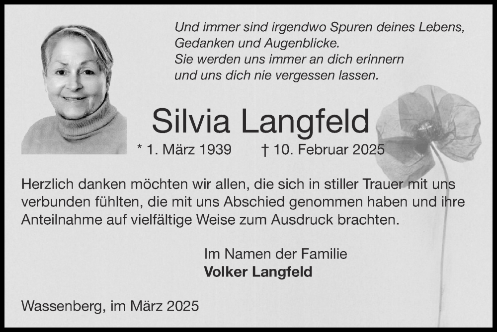  Traueranzeige für Silvia Langfeld vom 16.03.2025 aus Zeitung am Sonntag