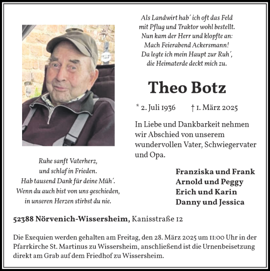 Traueranzeige von Theo Botz von Zeitung am Sonntag
