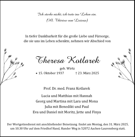 Traueranzeige von Theresa Kotlarek von Aachener Zeitung