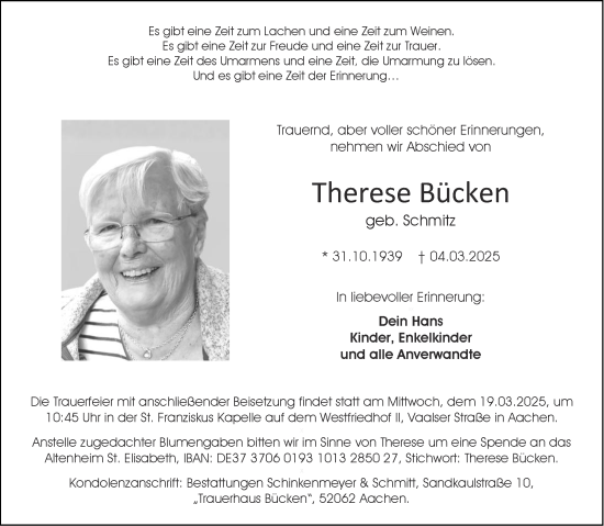 Traueranzeige von Therese Bücken von Aachener Zeitung