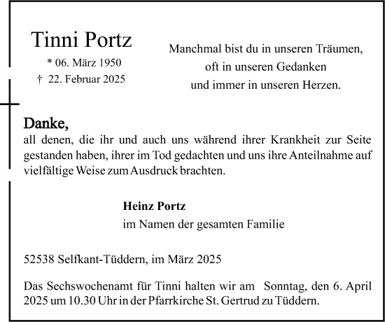 Traueranzeige von Tinni Portz von Zeitung am Sonntag