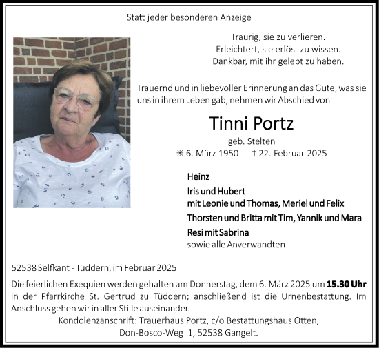 Traueranzeige von Tinni Portz von Zeitung am Sonntag