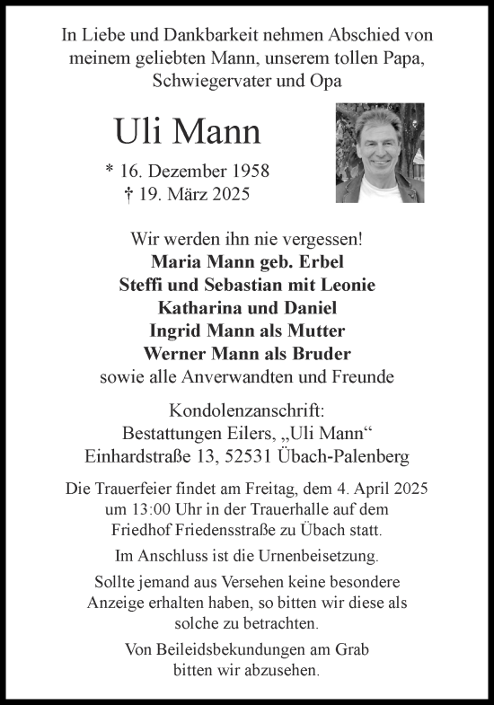 Traueranzeige von Uli Mann von Aachener Zeitung