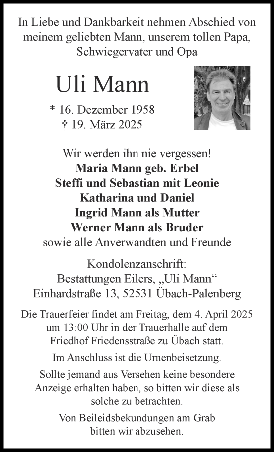 Traueranzeige von Uli Mann von Zeitung am Sonntag