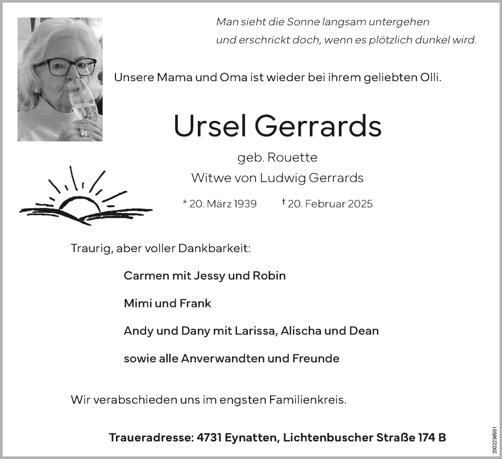  Traueranzeige für Ursel Gerrards vom 02.03.2025 aus Zeitung am Sonntag