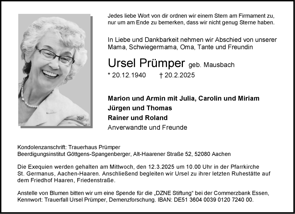  Traueranzeige für Ursel Prümper vom 08.03.2025 aus Aachener Zeitung
