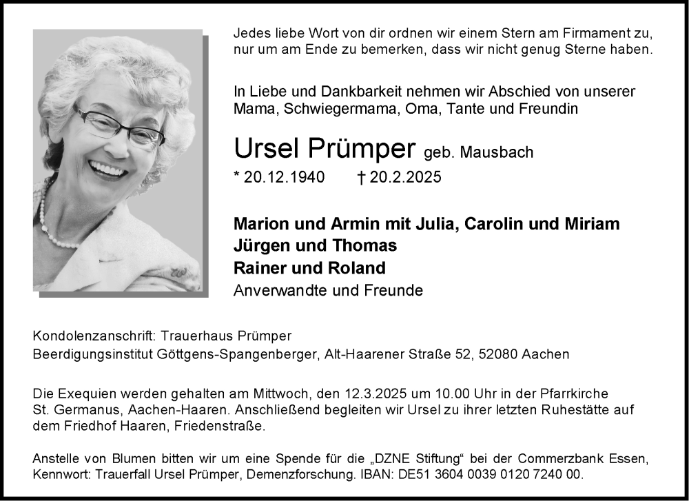  Traueranzeige für Ursel Prümper vom 09.03.2025 aus Zeitung am Sonntag