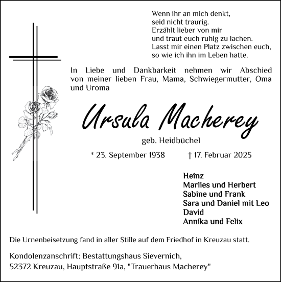 Traueranzeige von Ursula Macherey von Zeitung am Sonntag