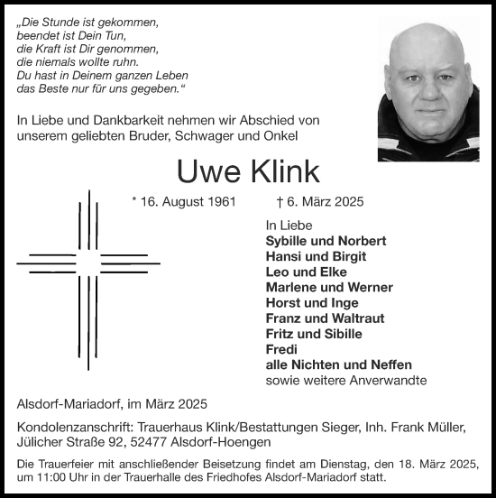Traueranzeige von Uwe Klink von Zeitung am Sonntag