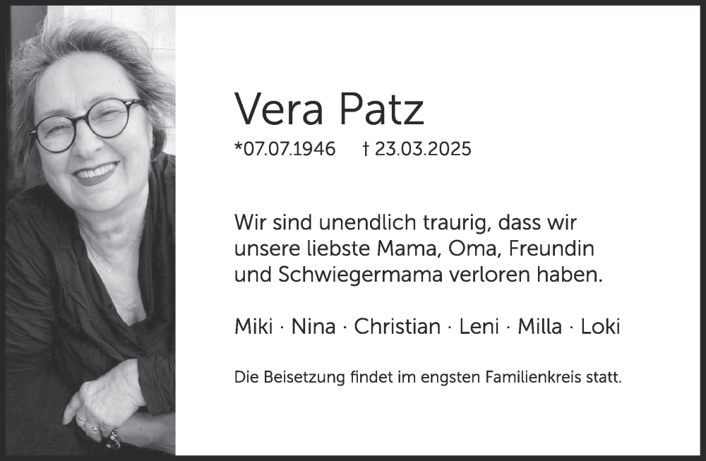  Traueranzeige für Vera Patz vom 29.03.2025 aus Aachener Zeitung