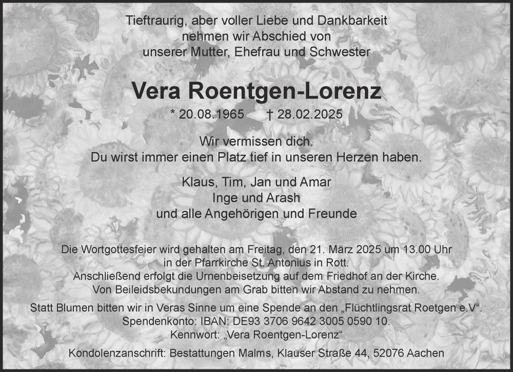 Traueranzeige für Vera Roentgen-Lorenz vom 15.03.2025 aus Aachener Zeitung