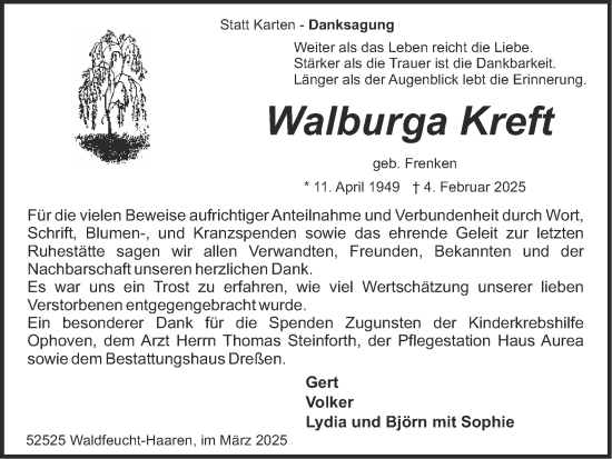 Traueranzeige von Walburga Kreft von Zeitung am Sonntag