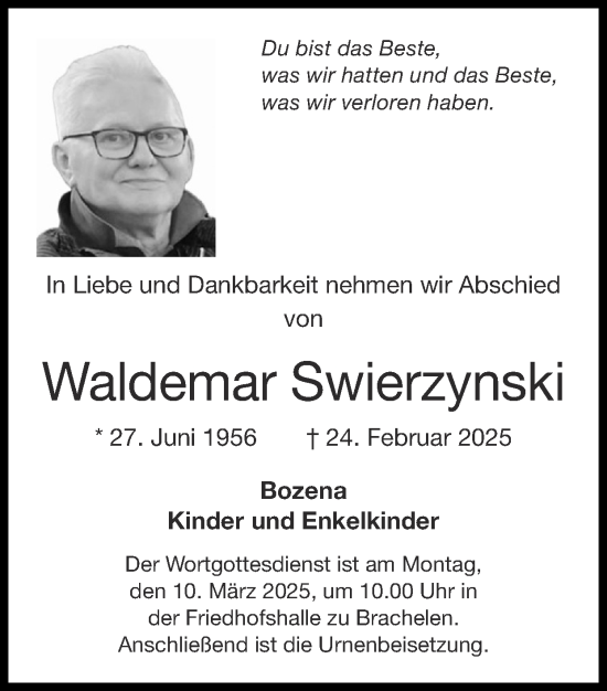 Traueranzeige von Waldemar Swierzynski von Zeitung am Sonntag