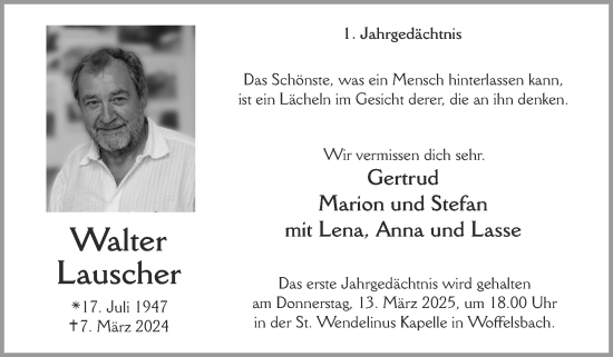 Traueranzeige von Walter Lauscher von Zeitung am Sonntag