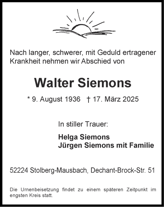 Traueranzeige von Walter Siemons von Zeitung am Sonntag