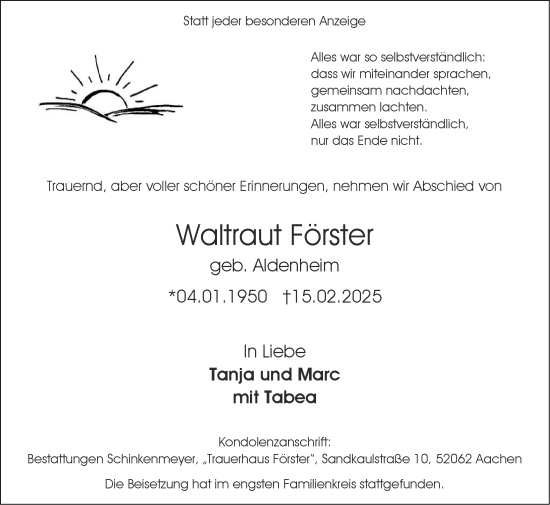 Traueranzeige von Waltraut Förster von Zeitung am Sonntag