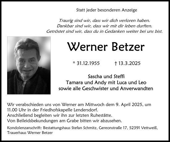 Traueranzeige von Werner Betzer von Zeitung am Sonntag