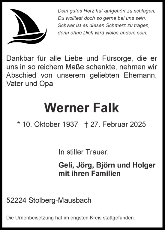 Traueranzeige von Werner Falk von Zeitung am Sonntag