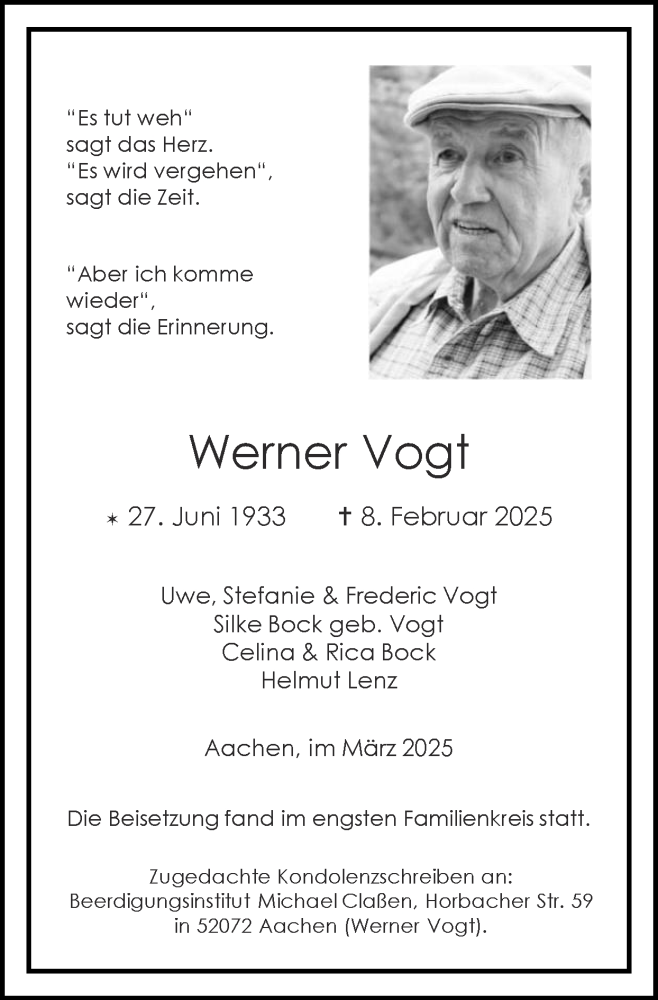  Traueranzeige für Werner Vogt vom 16.03.2025 aus Zeitung am Sonntag