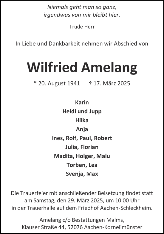 Traueranzeige von Wilfried Amelang von Aachener Zeitung