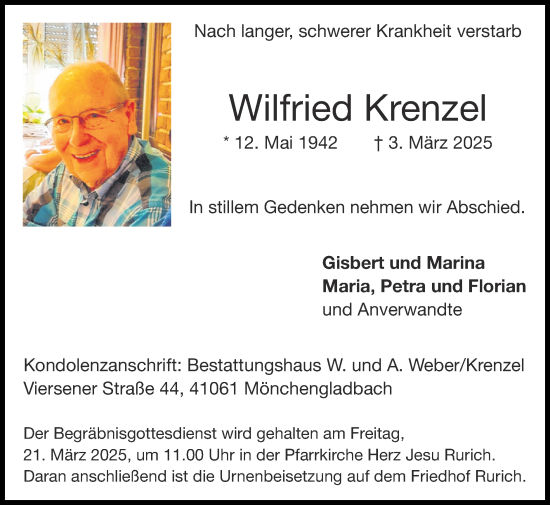 Traueranzeige von Wilfried Krenzel von Zeitung am Sonntag