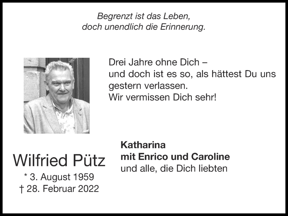  Traueranzeige für Wilfried Pütz vom 02.03.2025 aus Zeitung am Sonntag