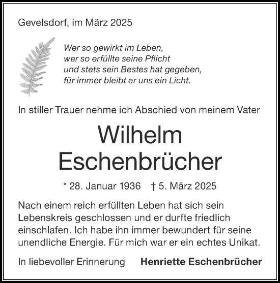 Traueranzeige von Wilhelm Eschenbrücher von Zeitung am Sonntag