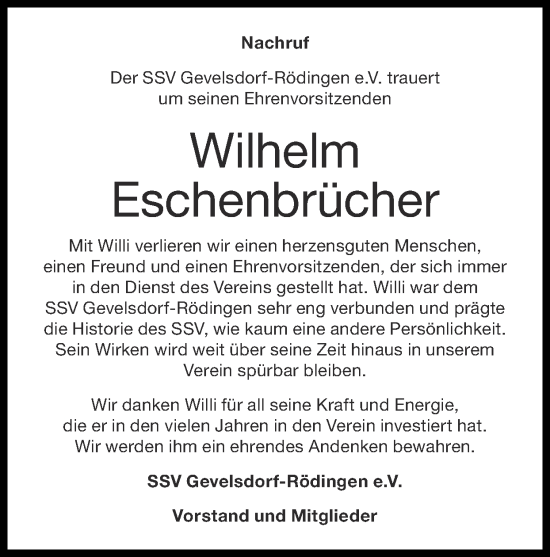 Traueranzeige von Wilhelm Eschenbrücher von Zeitung am Sonntag