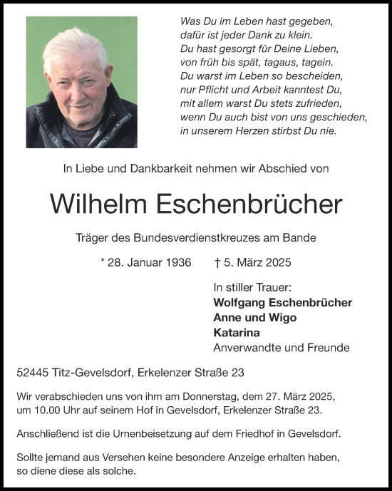 Traueranzeige von Wilhelm Eschenbrücher von Zeitung am Sonntag