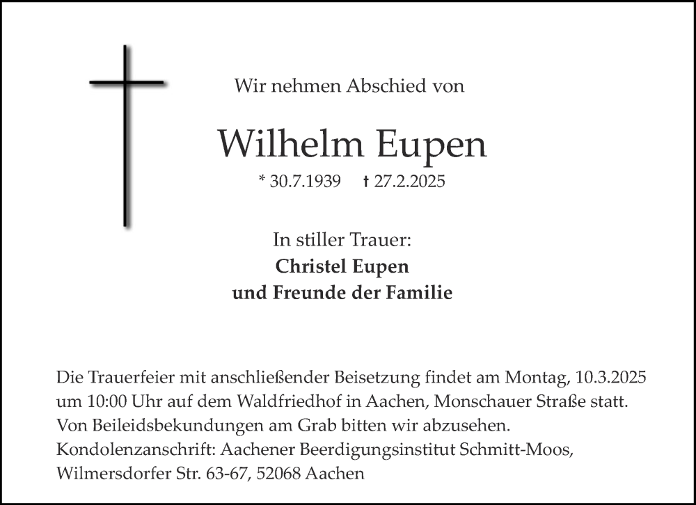  Traueranzeige für Wilhelm Eupen vom 08.03.2025 aus Aachener Zeitung