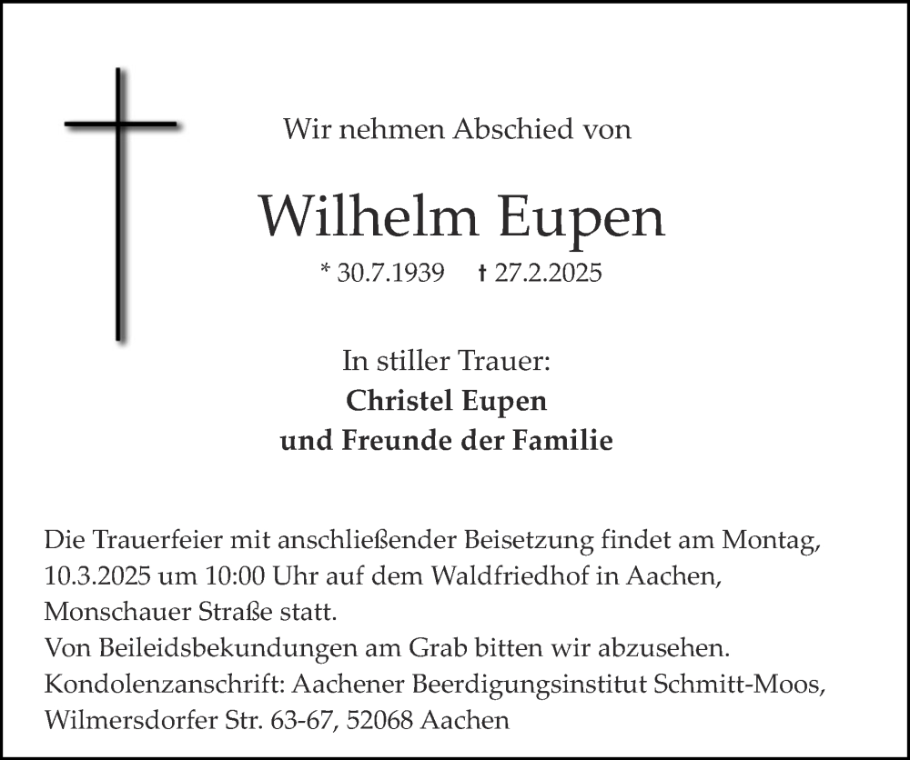  Traueranzeige für Wilhelm Eupen vom 09.03.2025 aus Zeitung am Sonntag