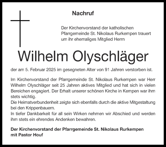 Traueranzeige von Wilhelm Olyschläger von Zeitung am Sonntag