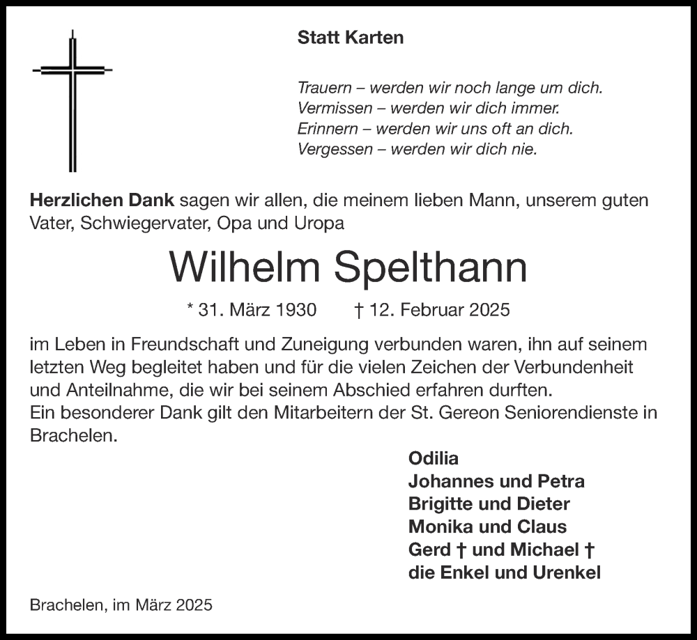  Traueranzeige für Wilhelm Spelthann vom 30.03.2025 aus Zeitung am Sonntag