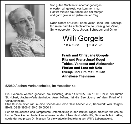 Traueranzeige von Willi Gorgels von Aachener Zeitung