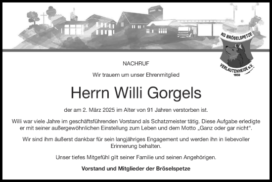 Traueranzeige von Willi Gorgels von Zeitung am Sonntag