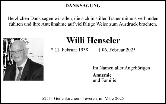 Traueranzeige von Willi Henseler von Zeitung am Sonntag