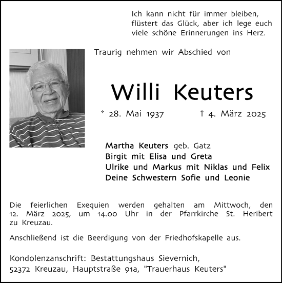 Traueranzeige von Willi Keuters von Zeitung am Sonntag