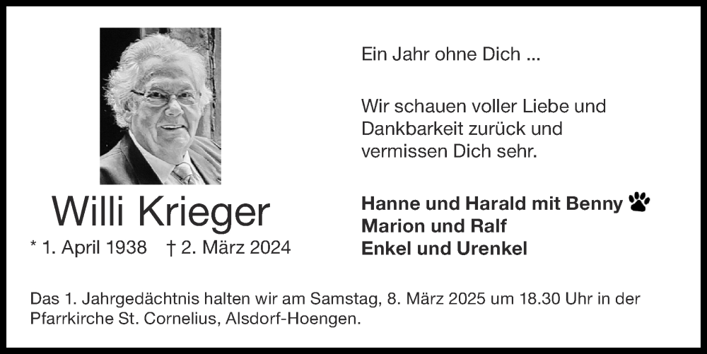  Traueranzeige für Willi Krieger vom 02.03.2025 aus Zeitung am Sonntag