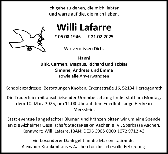 Traueranzeige von Willi Lafarre von Zeitung am Sonntag