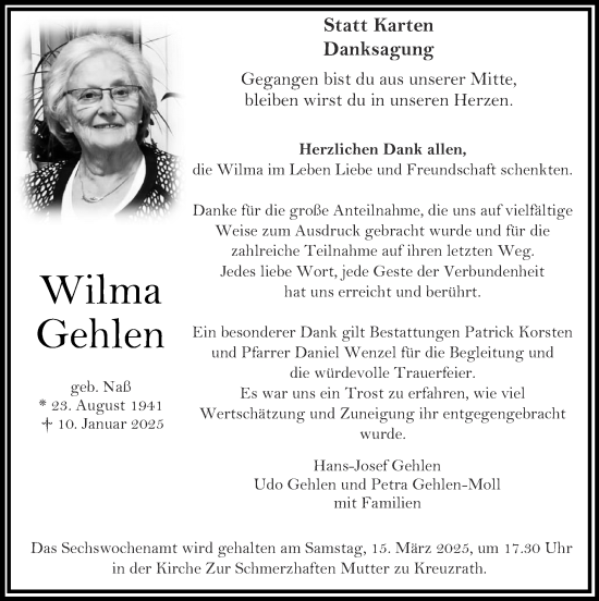 Traueranzeige von Wilma Gehlen von Zeitung am Sonntag