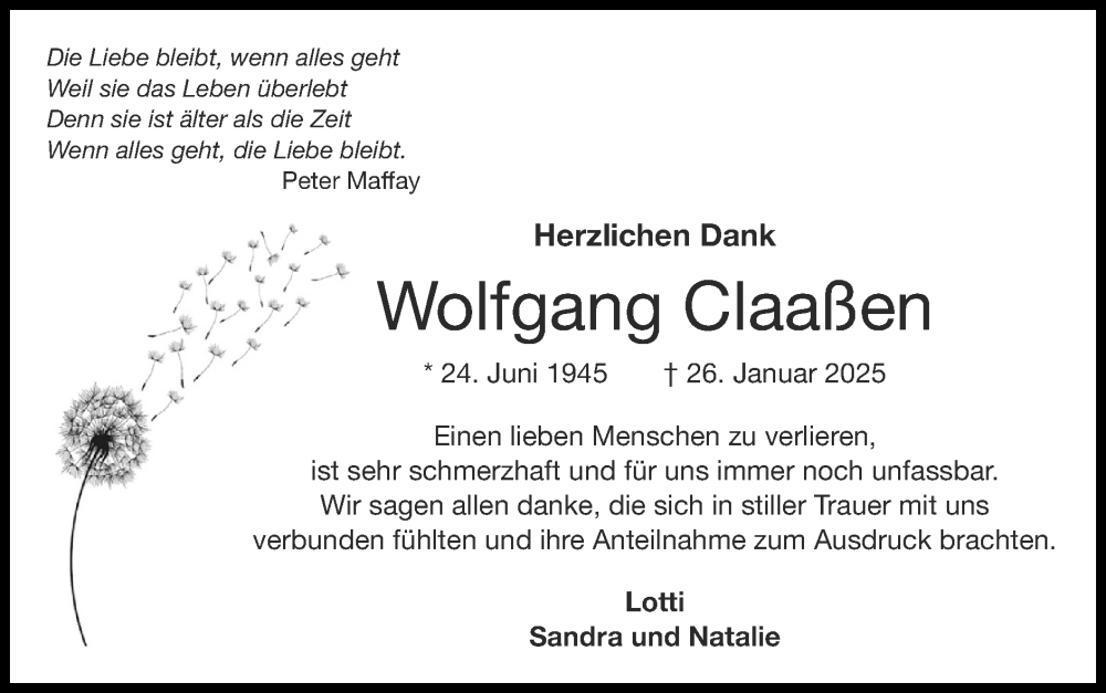  Traueranzeige für Wolfgang Claaßen vom 30.03.2025 aus Zeitung am Sonntag