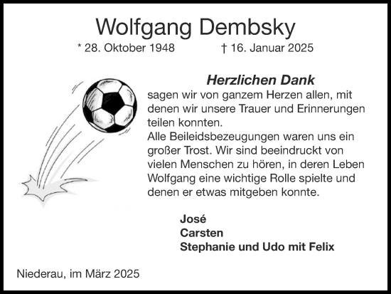 Traueranzeige von Wolfgang Dembsky von Zeitung am Sonntag