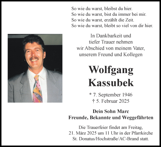 Traueranzeige von Wolfgang Kassubek von Zeitung am Sonntag