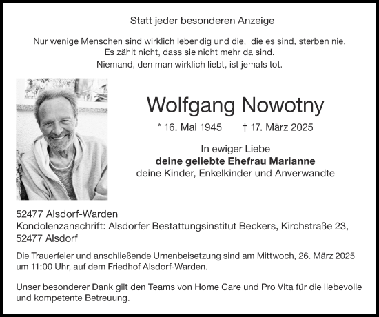 Traueranzeige von Wolfgang Nowotny von Zeitung am Sonntag