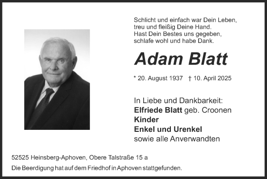 Traueranzeige von Adam Blatt von Zeitung am Sonntag