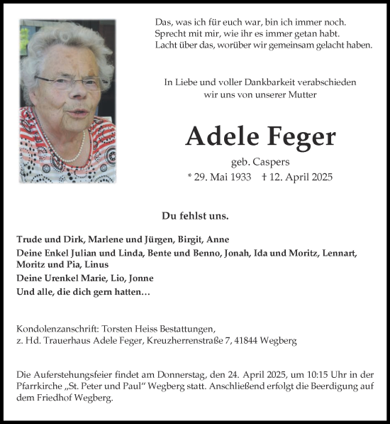 Traueranzeige von Adele Feger von Zeitung am Sonntag